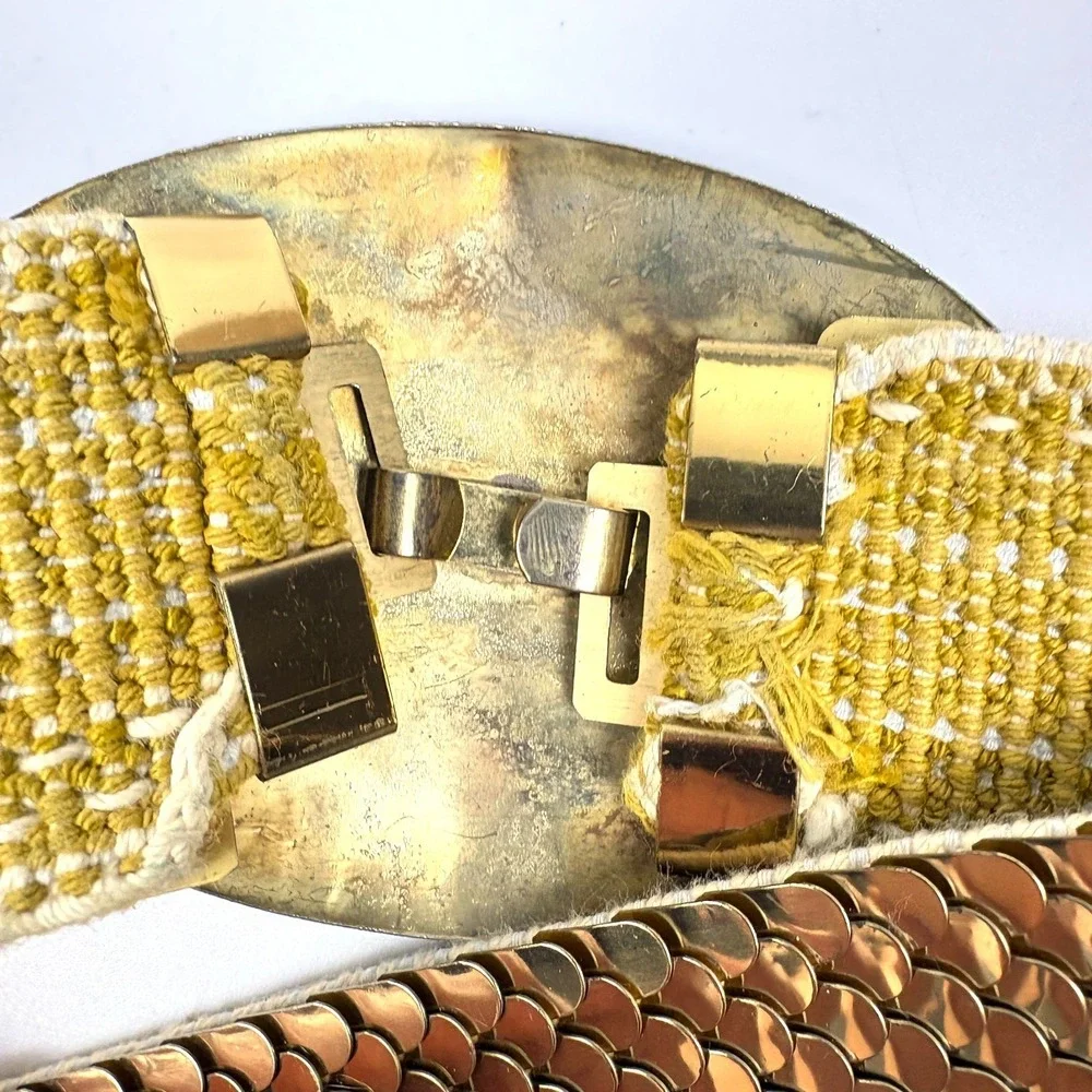 VTG 70s Gold Snake Scale Waist Cincher Floral‎ Buckle Belt Elastic Band Disco
